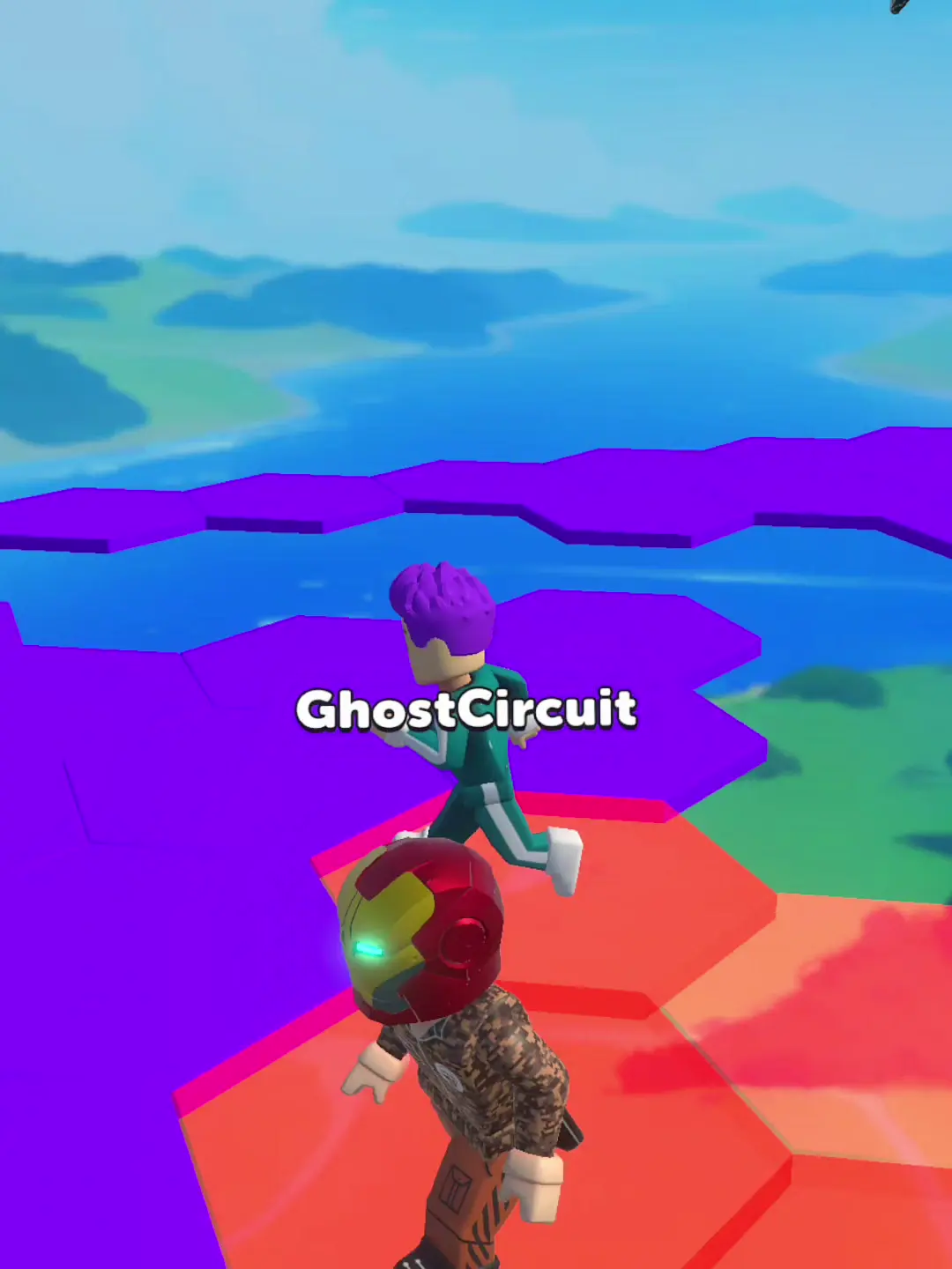 Rachel's plating check — The avatar is above the colorful course; the still cannot tell how the jump began or ended.
