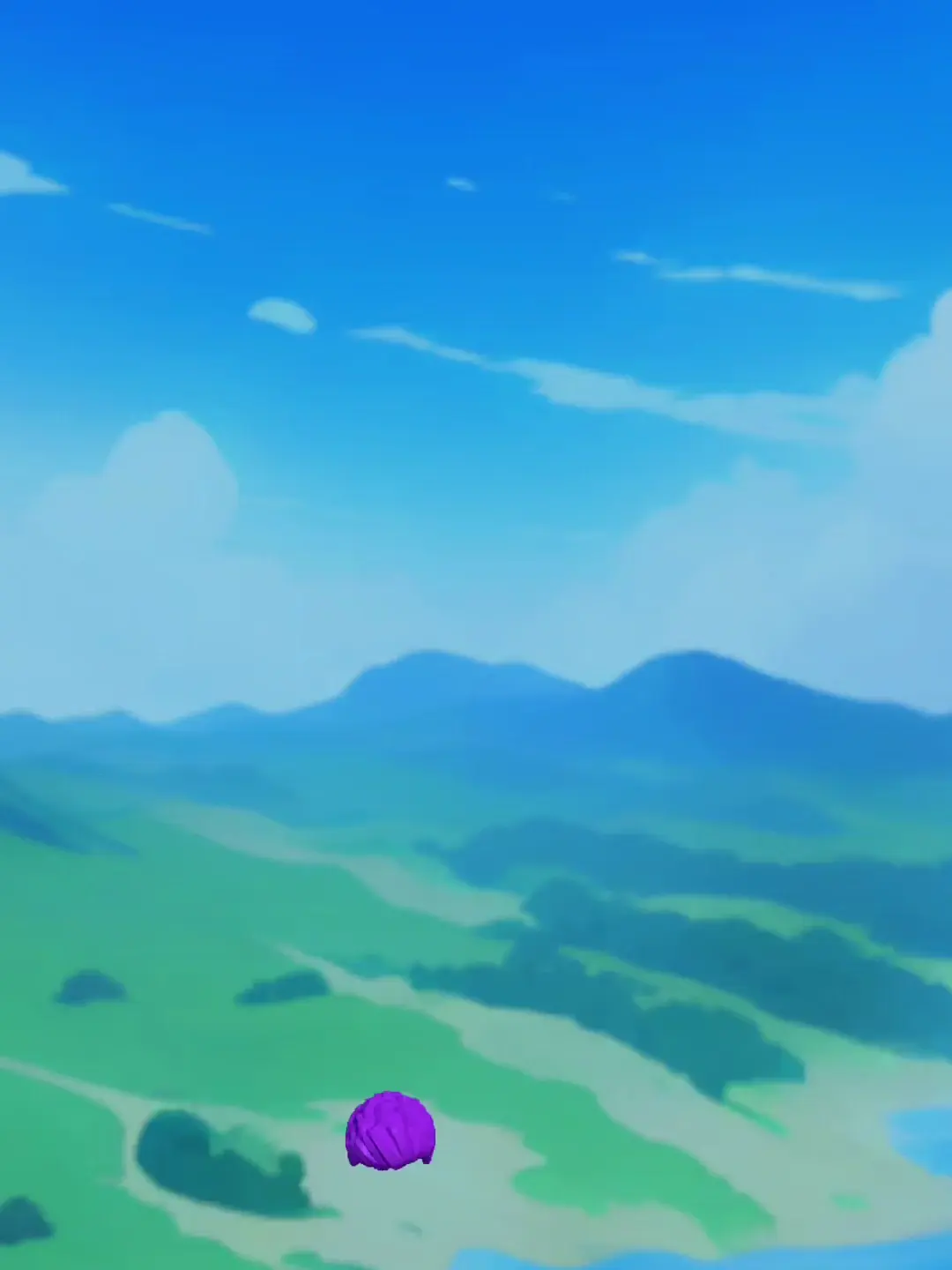 Kai's route survey — The avatar, cyan curve and distant landscape share the view; no scenery response is visible.