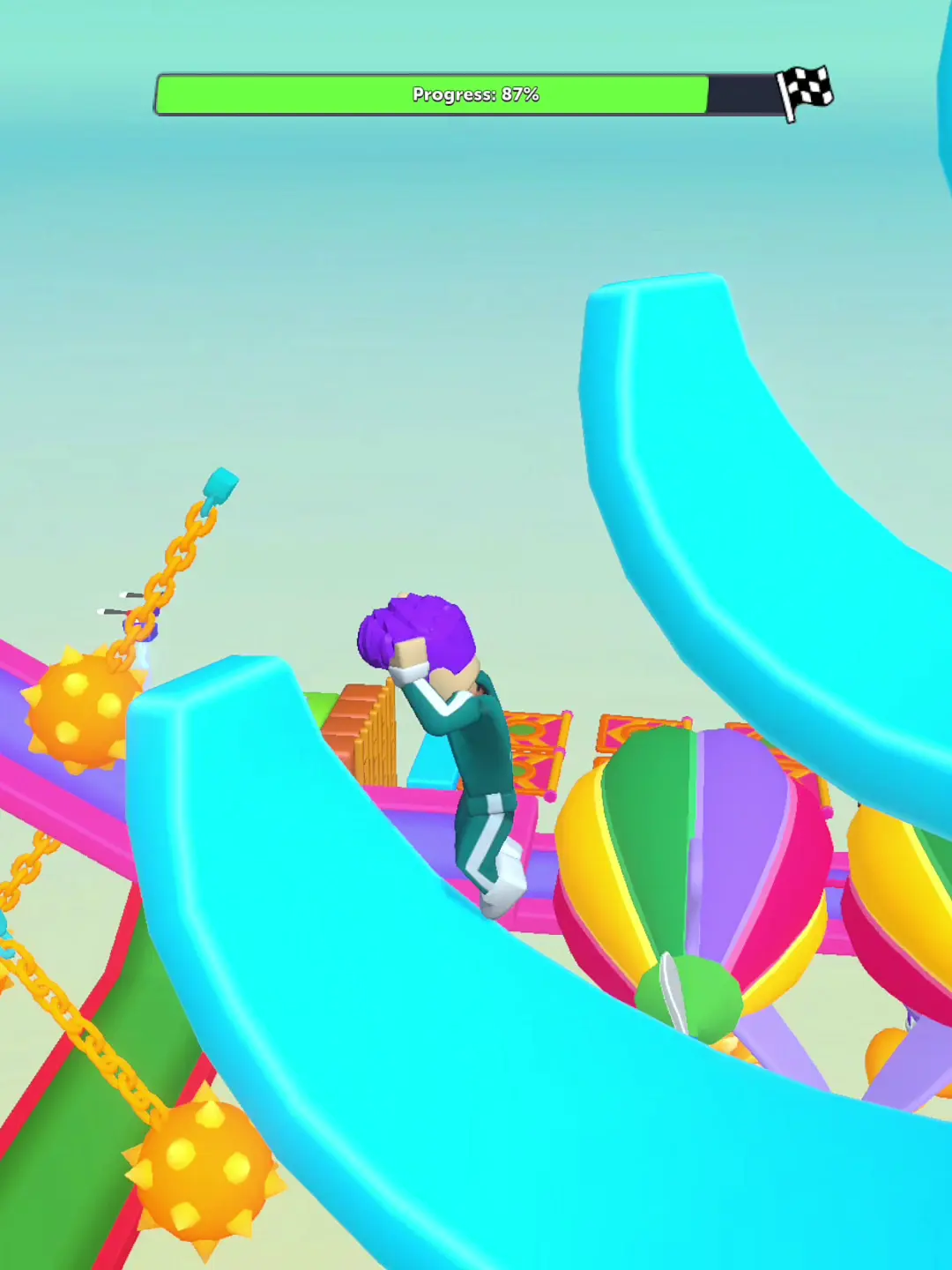 Leo's next shot — Curved structures and spinning props fill the frame; the transition into this course remains unseen.