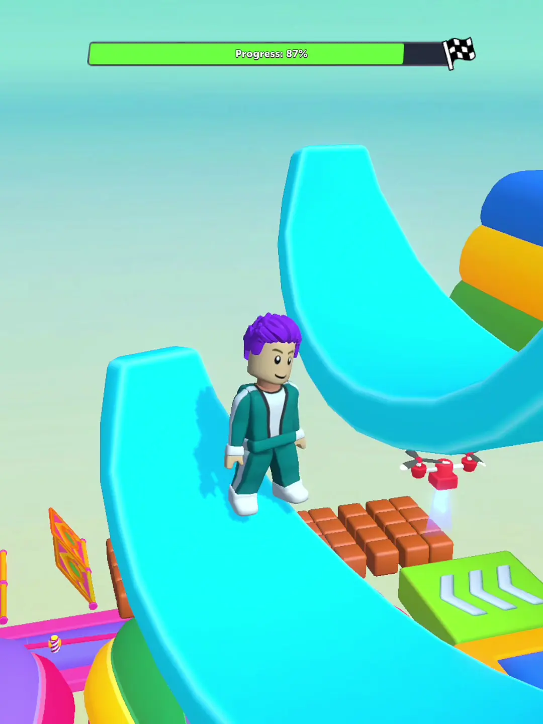 Rachel's serving note — A circular obstacle and several avatars fill the view; the route looks busy, but the frame shows no reward.