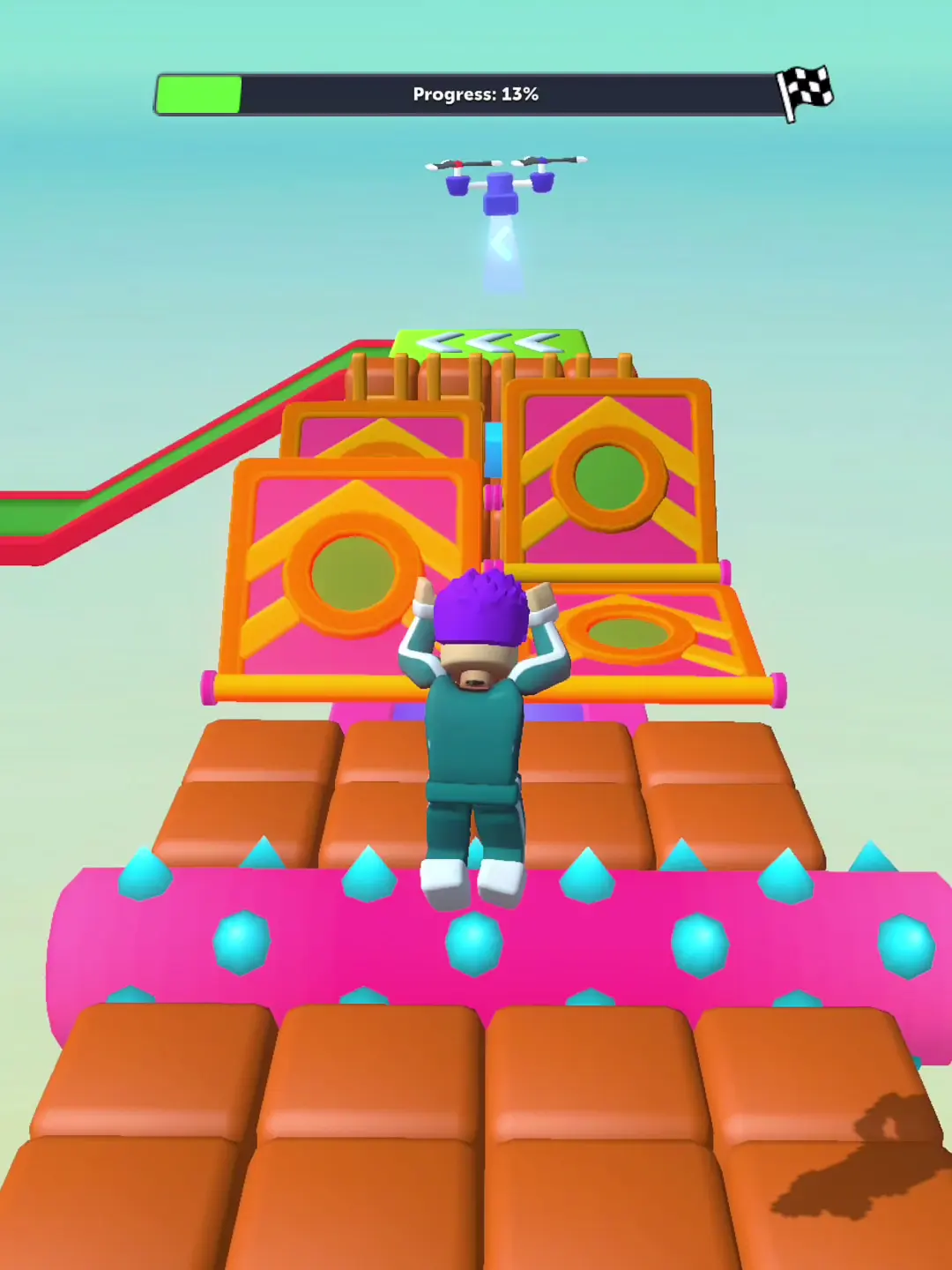 Mei's next-action check — An orange structure dominates the forward view, while the small progress strip sits at the top edge.