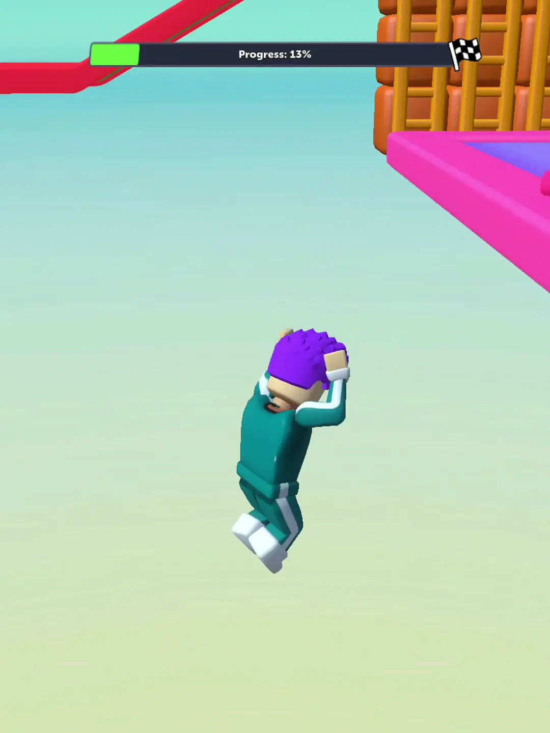 Madeline's action beat — An avatar is suspended above the course. The frame gives us a pose, not the event that led to it.