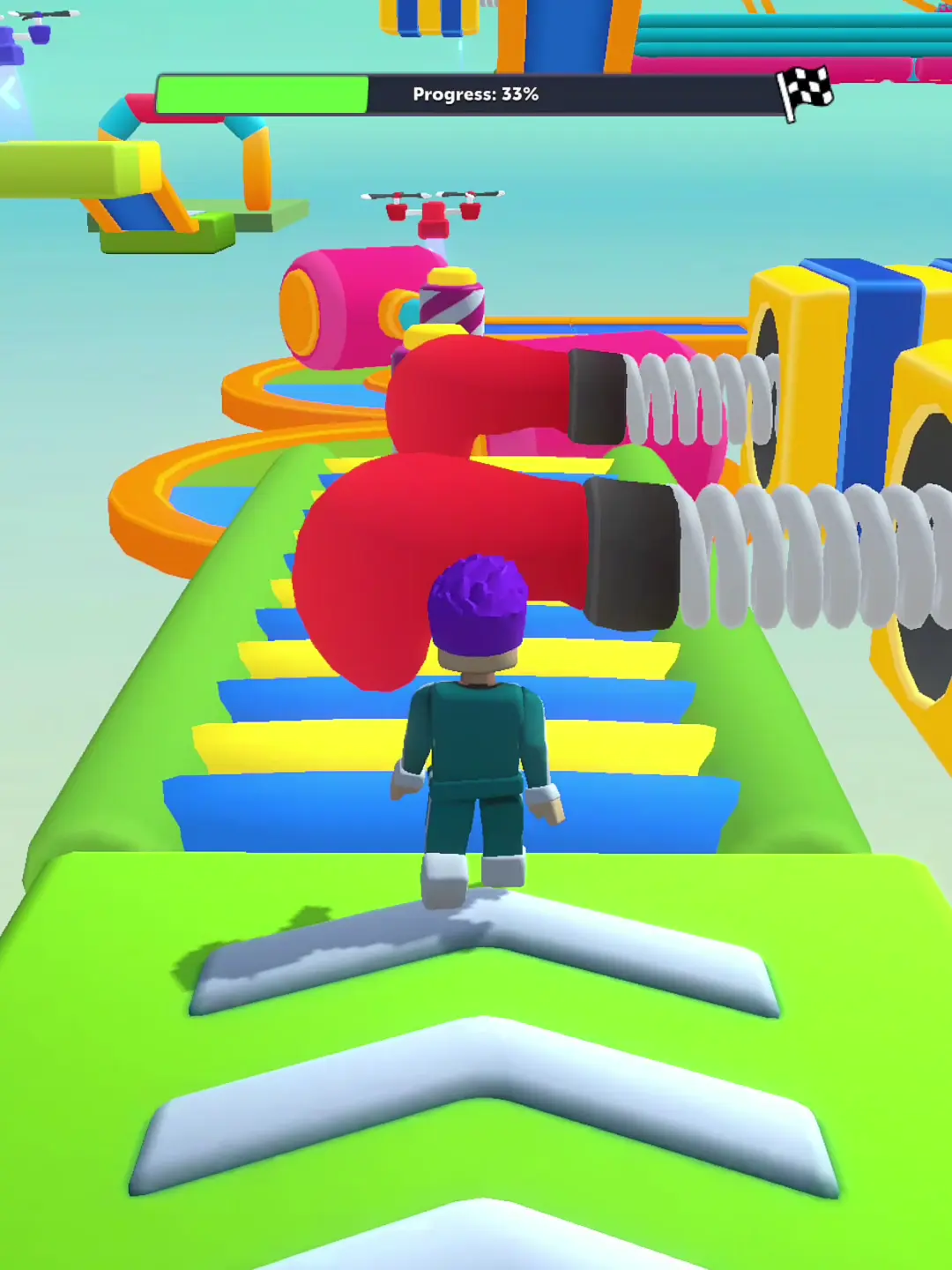 Mei's control margin — White arrows mark the platform below a large spring-like obstacle; the frame shows no touch target.