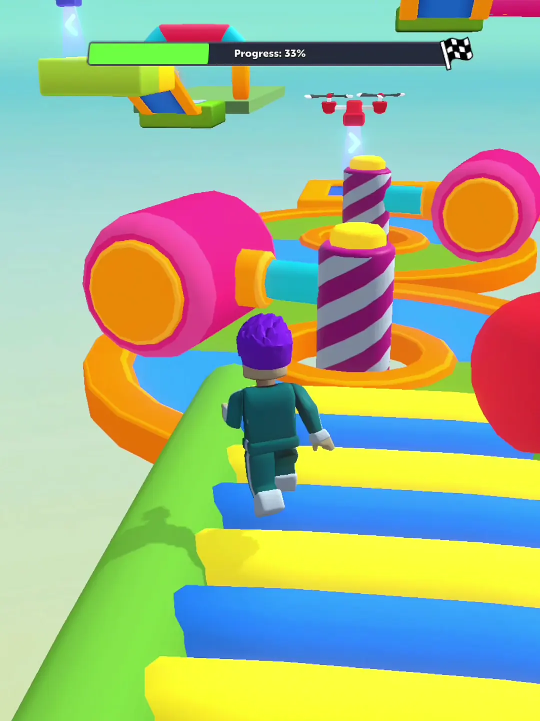 Mei's feedback check — The avatar faces striped steps and rotating props; a still cannot show whether the controls respond clearly.