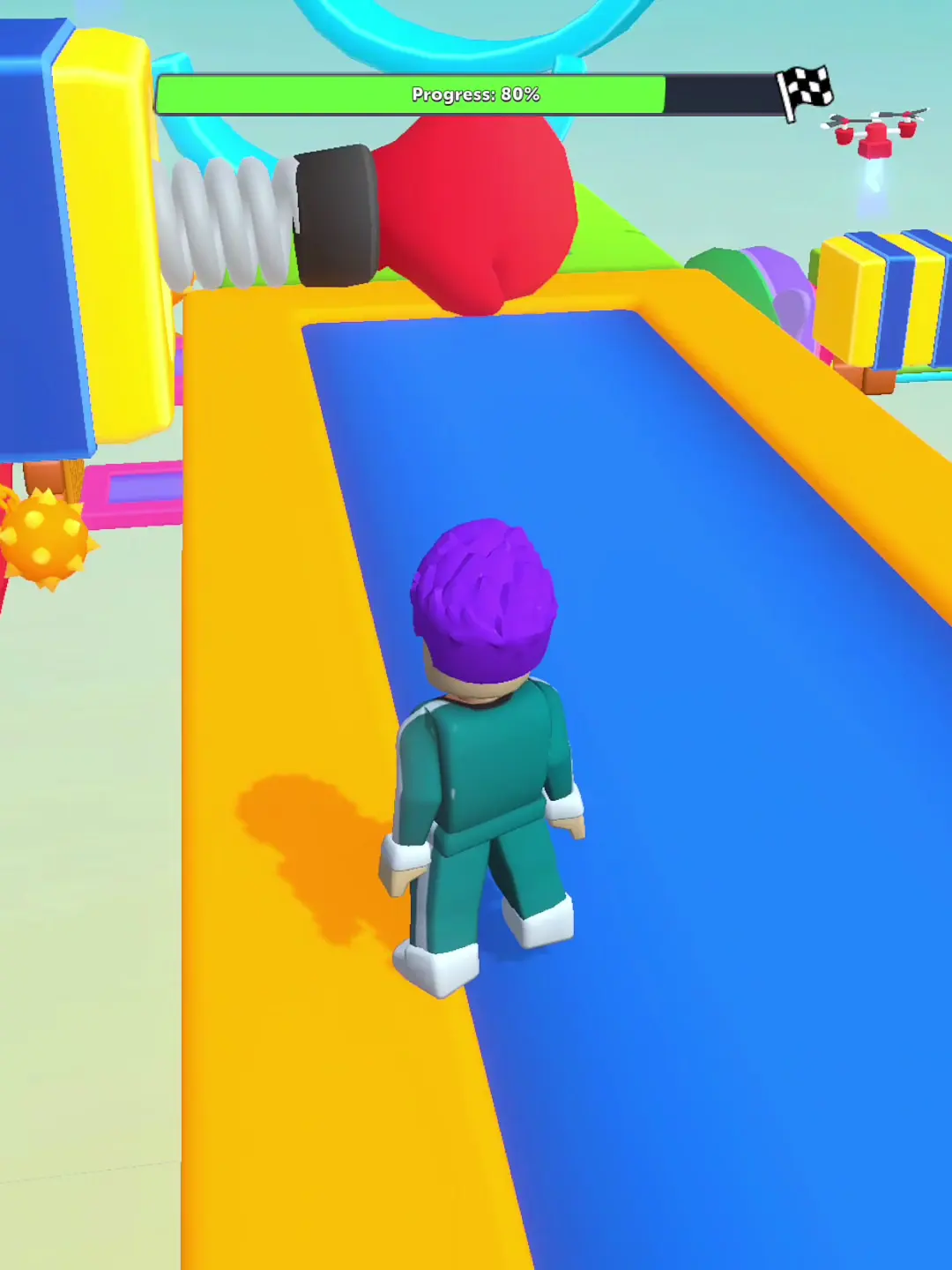 Oliver's late-run note — A blue lane, glove-like props and a progress bar are visible; their effects are not isolated here.